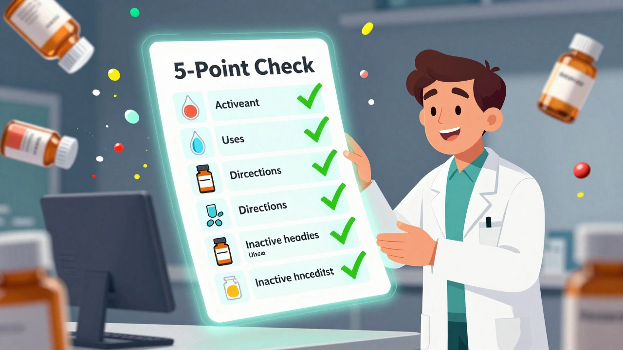 A pharmacist guides a person through a glowing 5-point checklist for safe OTC medicine use, with icons and floating checks.