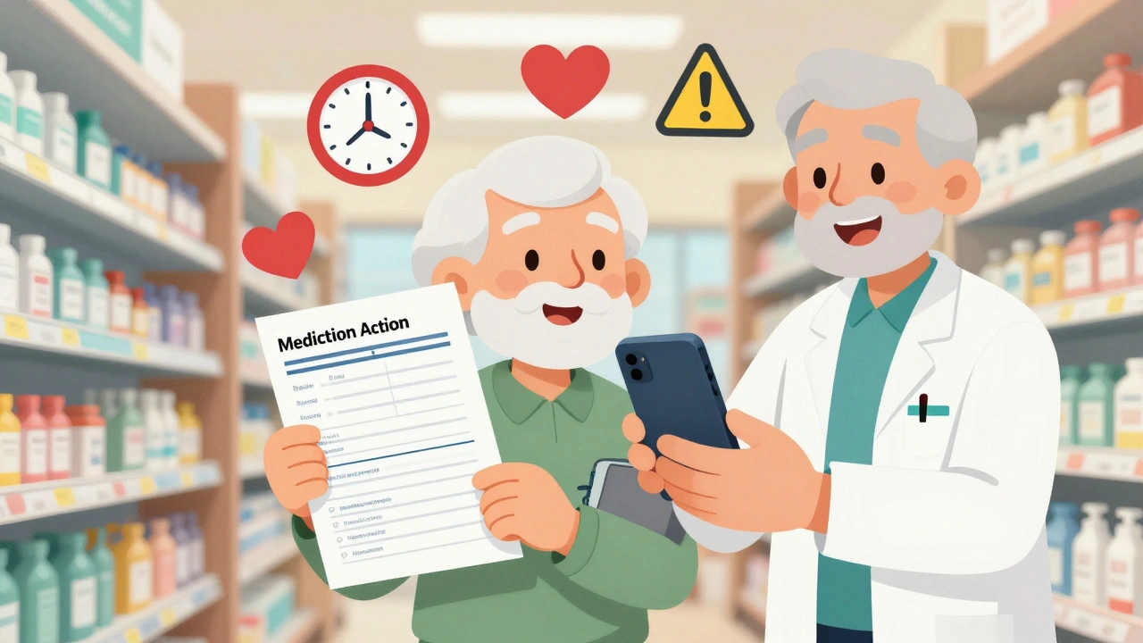 A senior adult in a pharmacy holding a Medication Action Plan, with floating icons showing timing, heart health, and safety alerts.