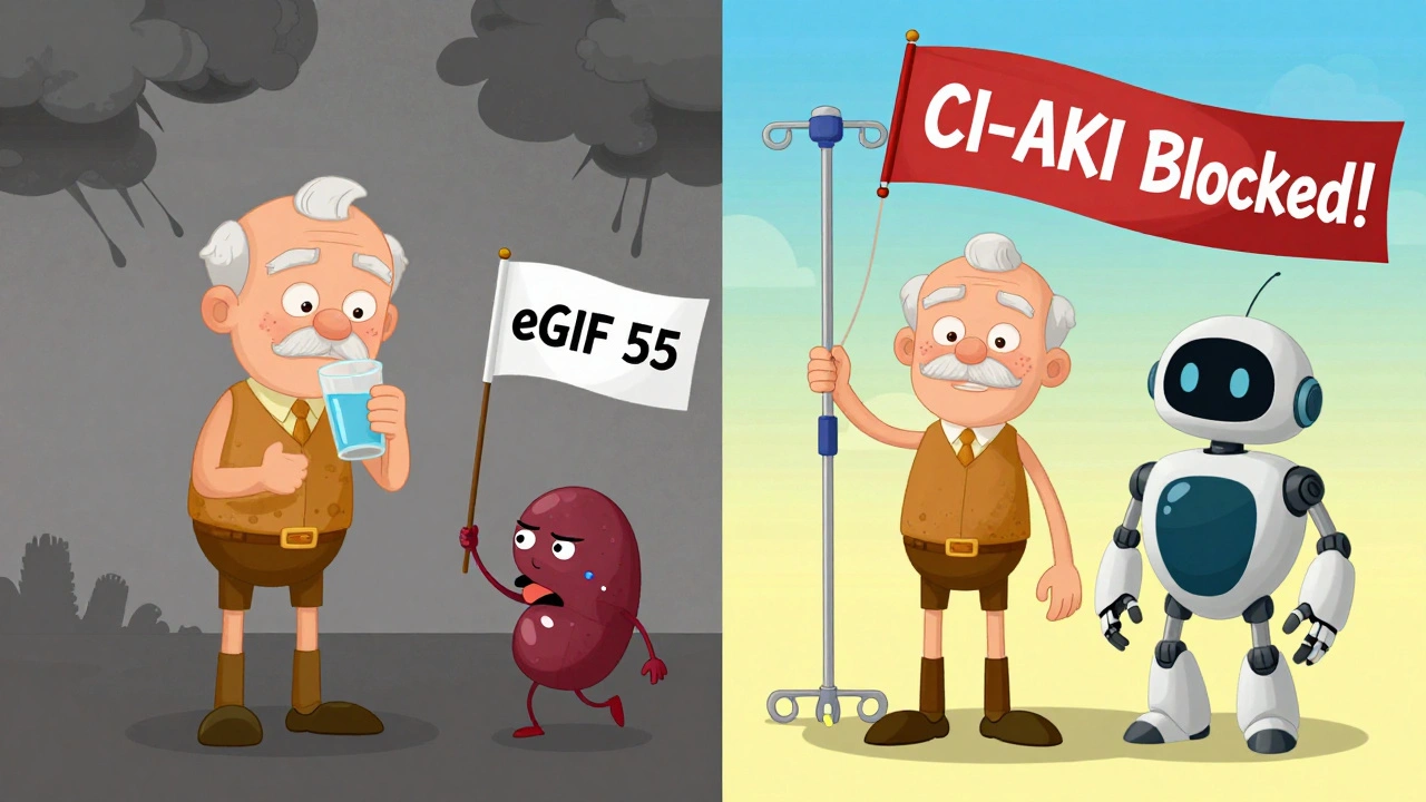 A split scene showing kidney risk reduced by hydration, with cartoon kidneys reacting to medical care.
