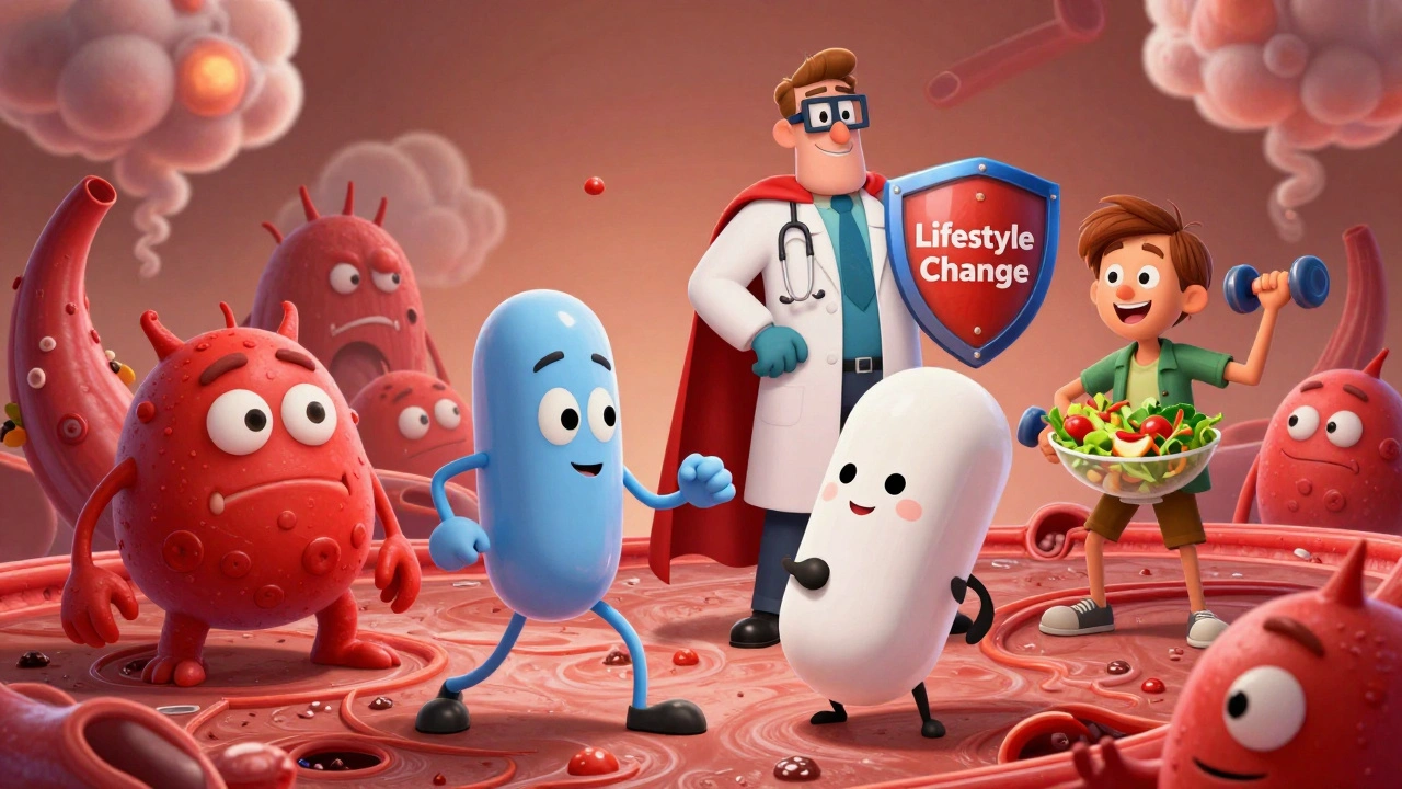 A stent and statin pill heroically fighting cholesterol monsters on a battlefield of arteries, with a doctor and patient in background.