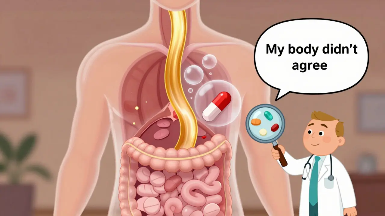 A transparent human body showing a brand drug flowing smoothly while a generic version splutters, triggering bloating bubbles in the gut.