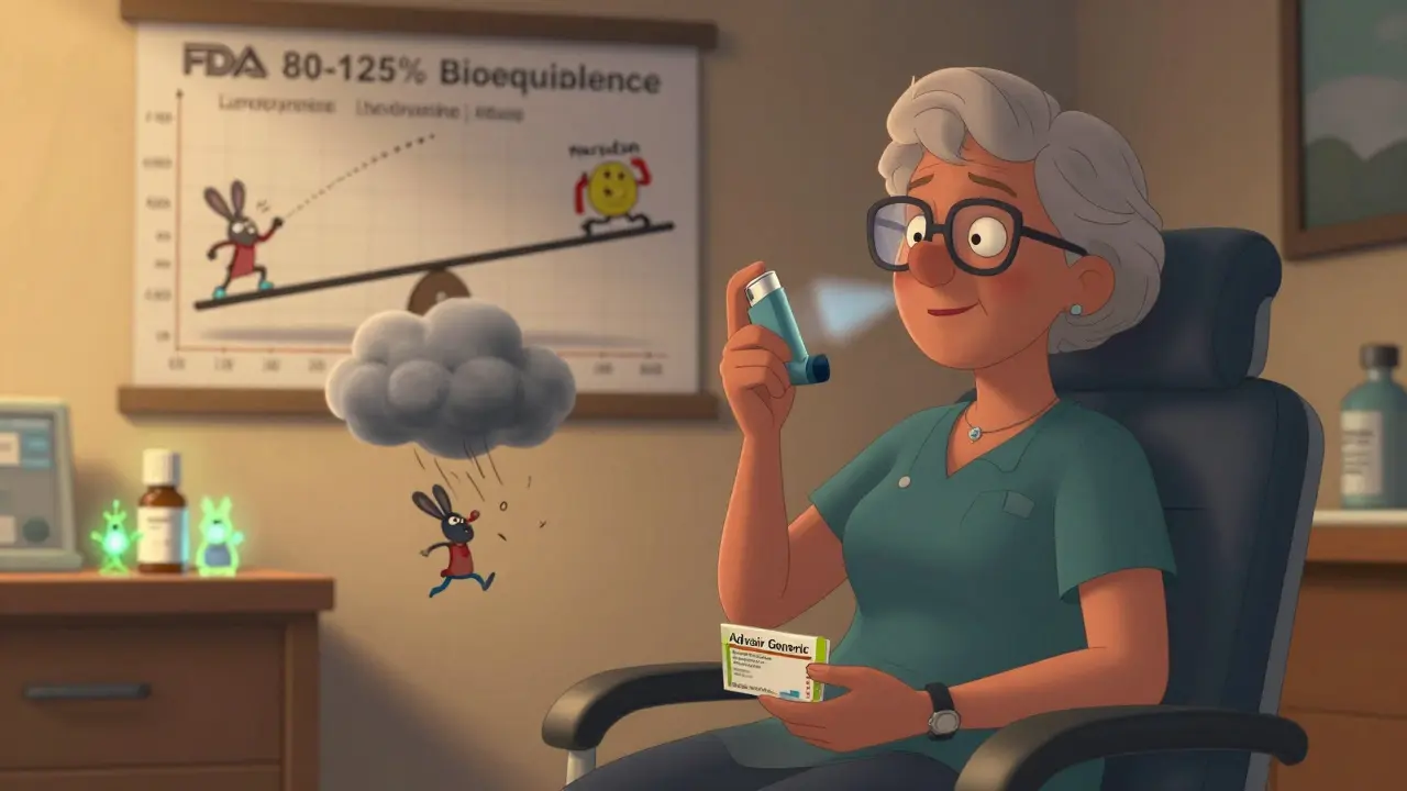 An elderly woman in a doctor’s office with an inhaler releasing a dust bunny storm cloud, while FDA charts balance precariously on the wall.