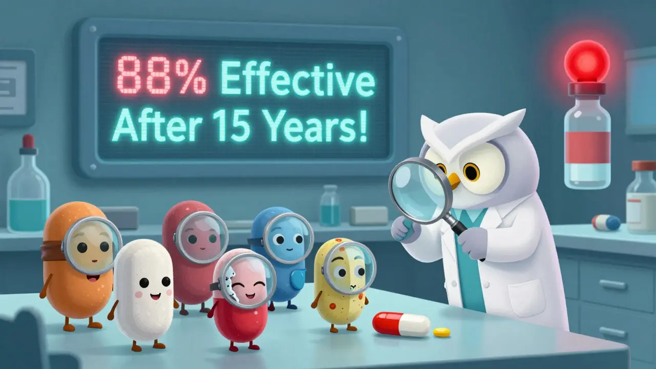 Anthropomorphic pills being tested in a lab, with one vial flashing red warning signs.