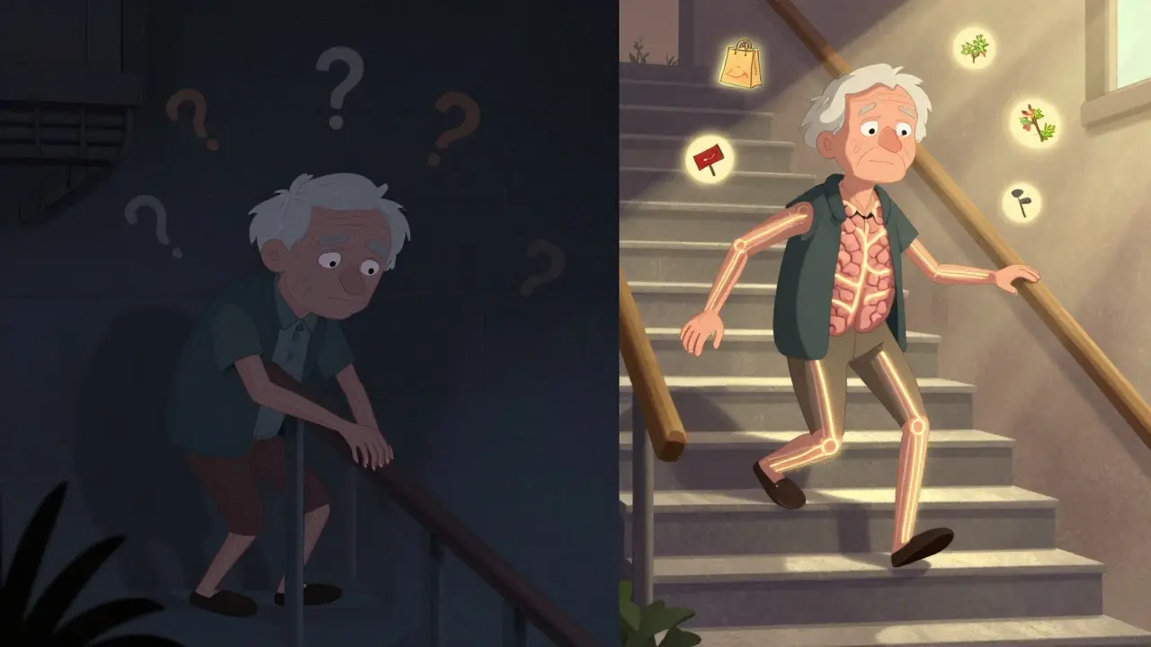 Before-and-after scene: person fearful on stairs vs. confident walking down stairs with symbols of daily activities.