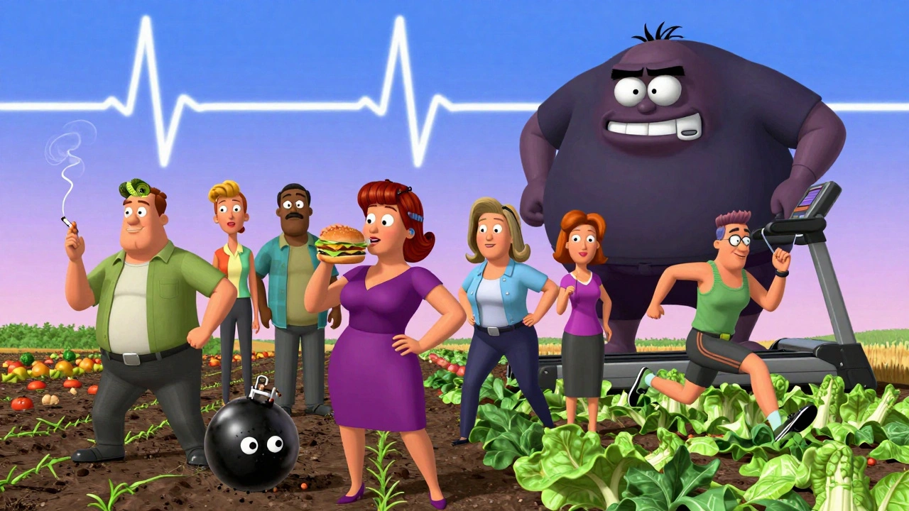 Diverse adults in a surreal lifestyle montage with symbolic foods, smoke, and exercise, all in vibrant DreamWorks cartoon style.