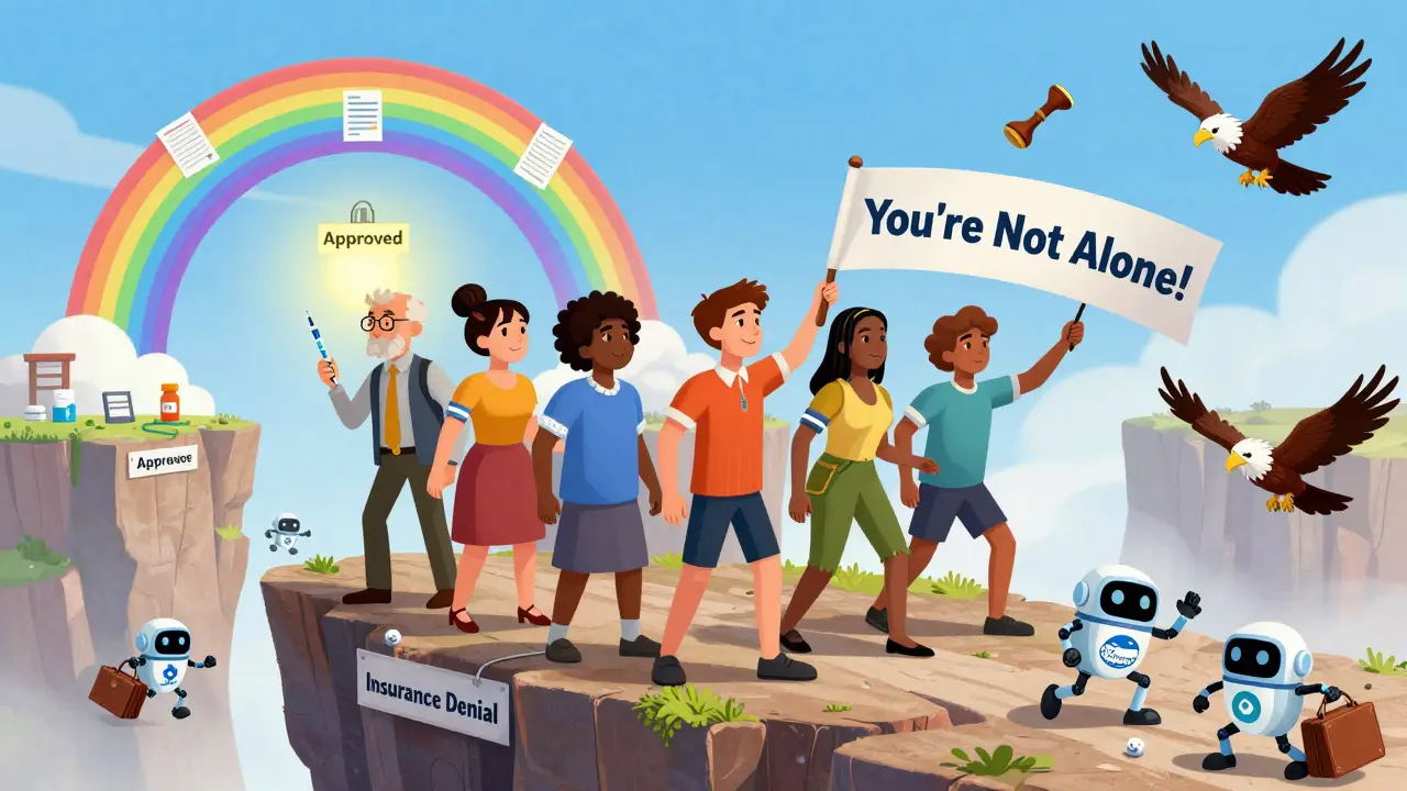 Diverse group of patients walking across a bridge of medical records toward an approved portal, escaping denial chasm.