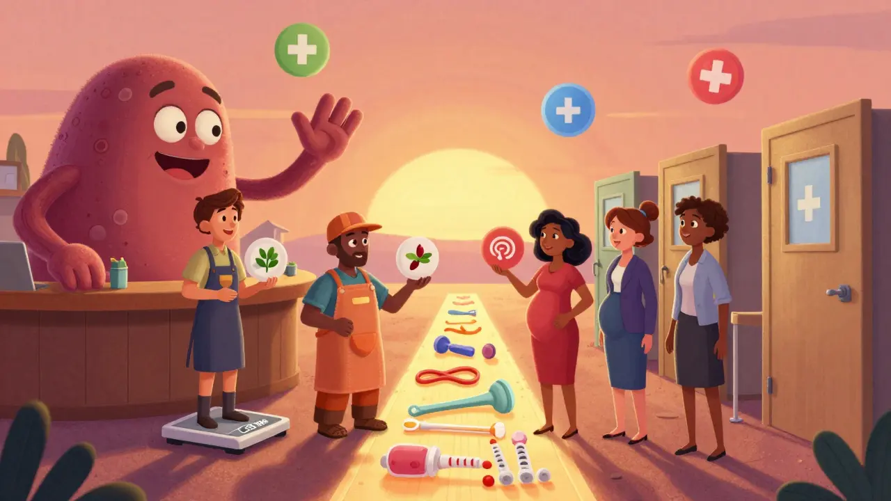 Diverse people holding symbols of their jobs, guided by a friendly nerve toward healing.