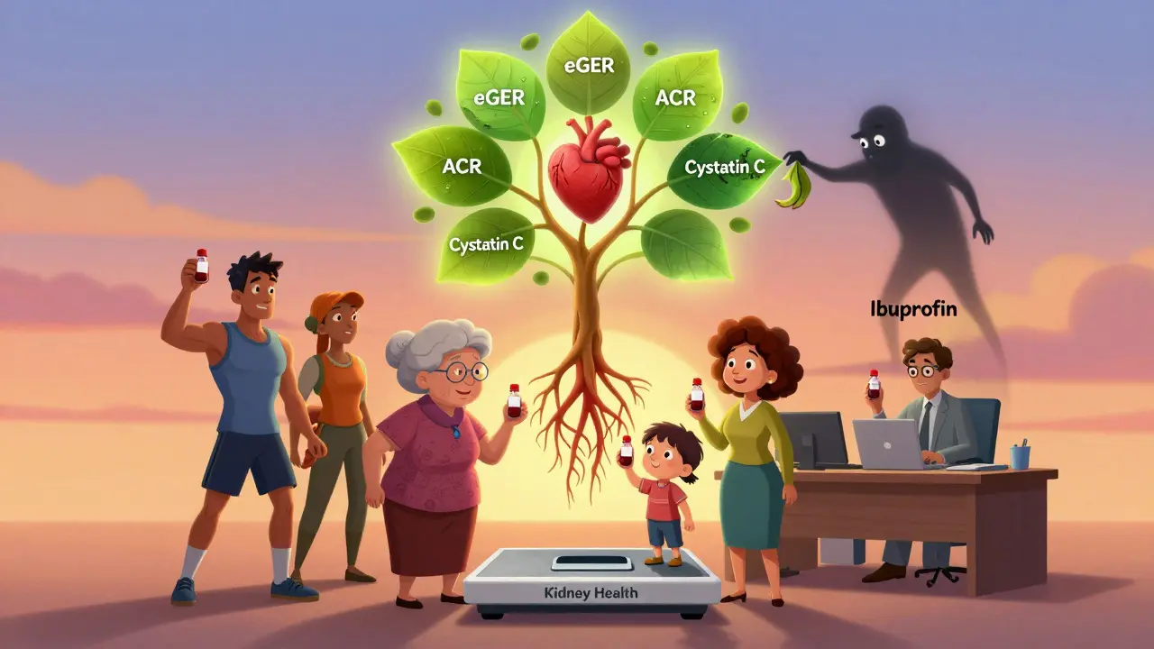 Diverse people holding test vials under a tree of kidney health metrics, one leaf wilting from medication.