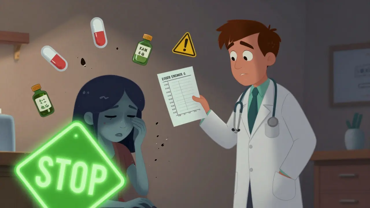 Doctor showing blood test results to a dizzy patient, surrounded by warning icons and a STOP sign.