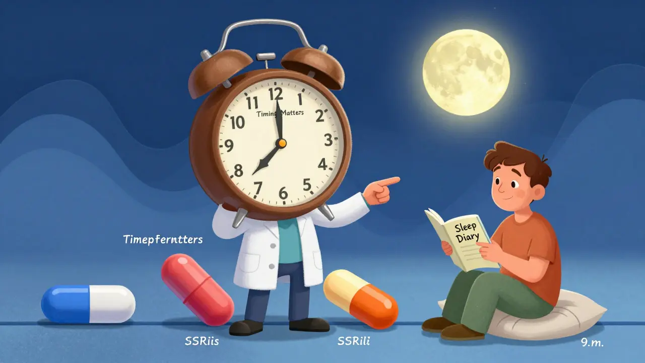 Doctor shows patient a sleep diary and repositions pills on a timeline with a rising melatonin moon.