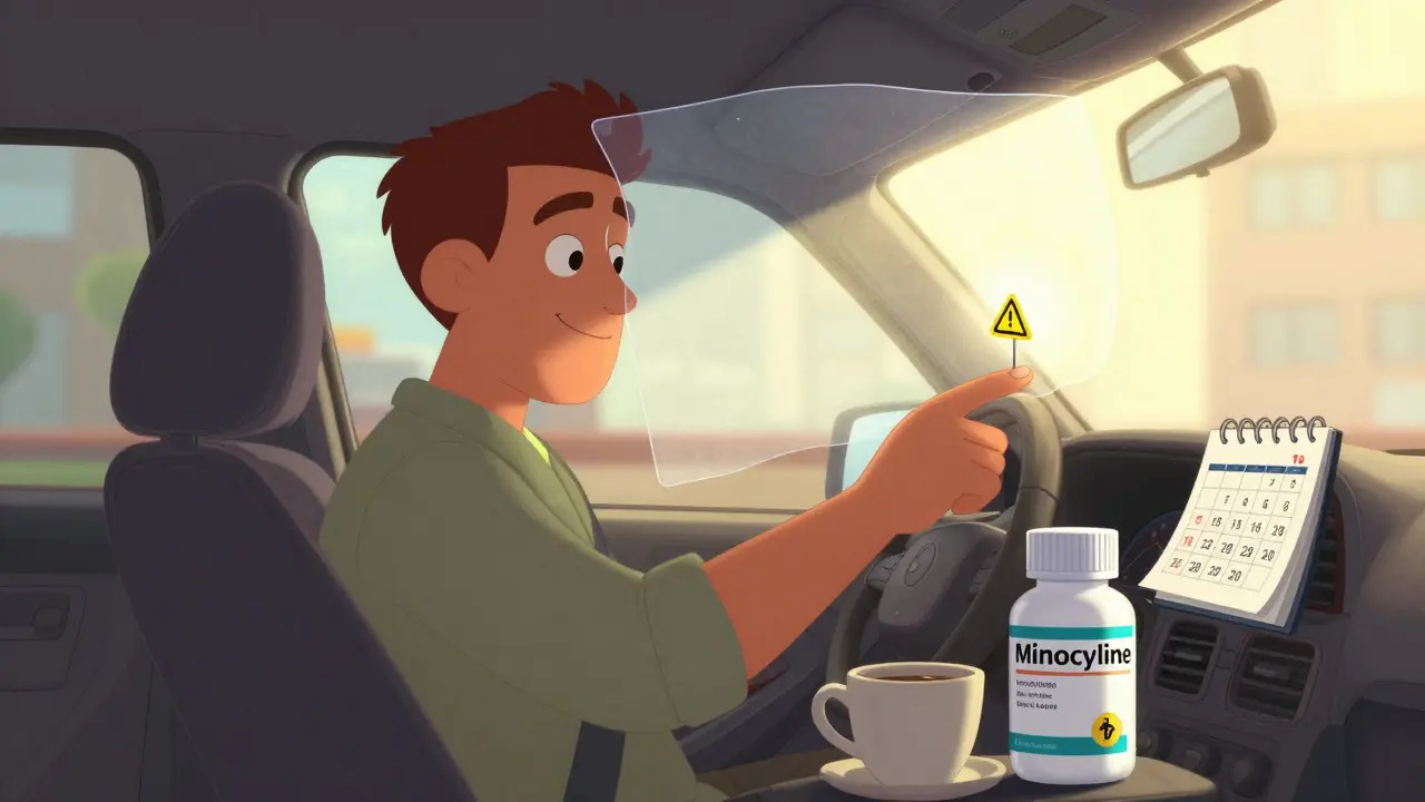 Driver in car with UV film blocking rays, nail lifting slightly, minocycline on dashboard, cartoon style.