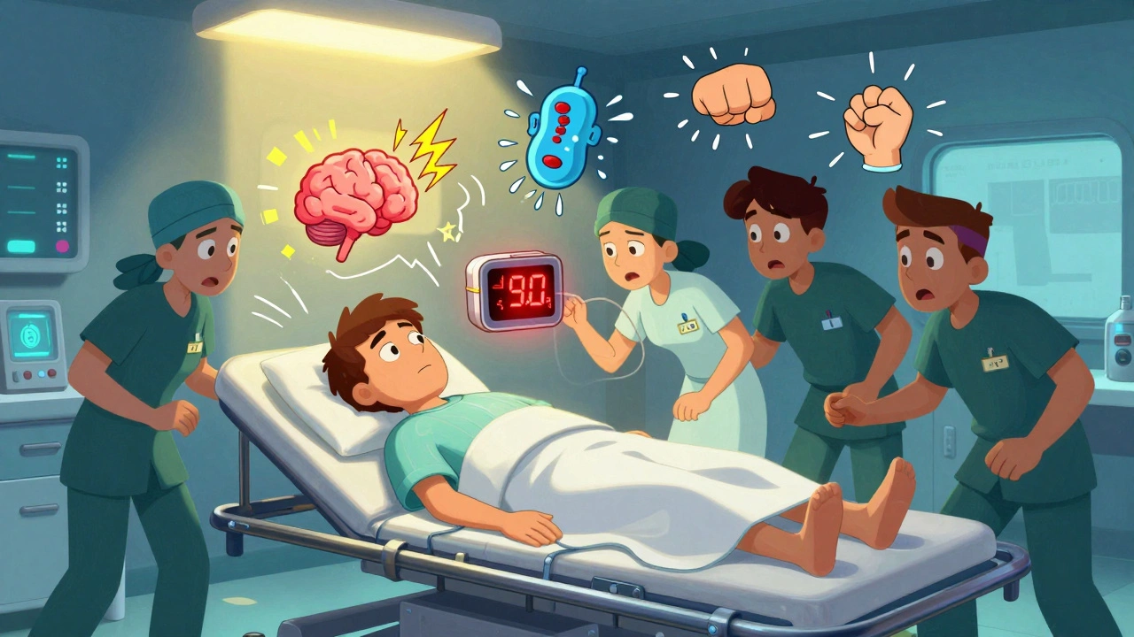 Emergency room scene with a patient showing low oxygen levels and glowing serotonin syndrome symbols.