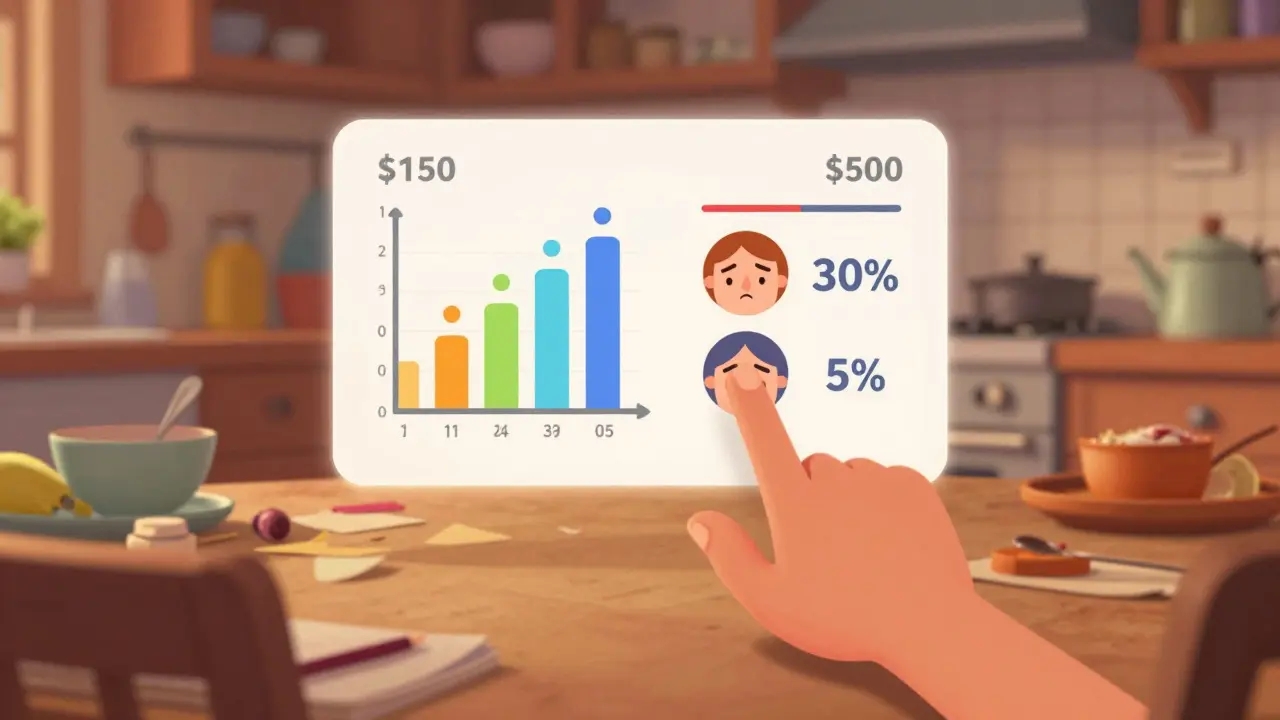 Floating interactive tool displaying medication comparisons with cost, side effects, and visual icons on a kitchen table.