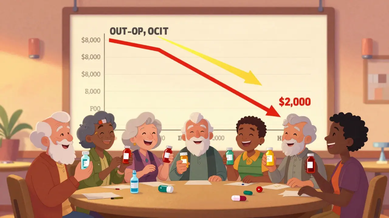 Group of seniors celebrating at a table with a chart showing lowered drug costs, surrounded by generic medication icons.