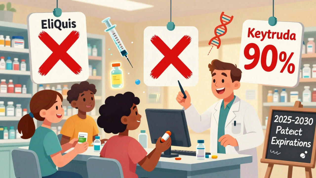 Happy patients receive affordable generic pills in a bright pharmacy, with price tags falling.