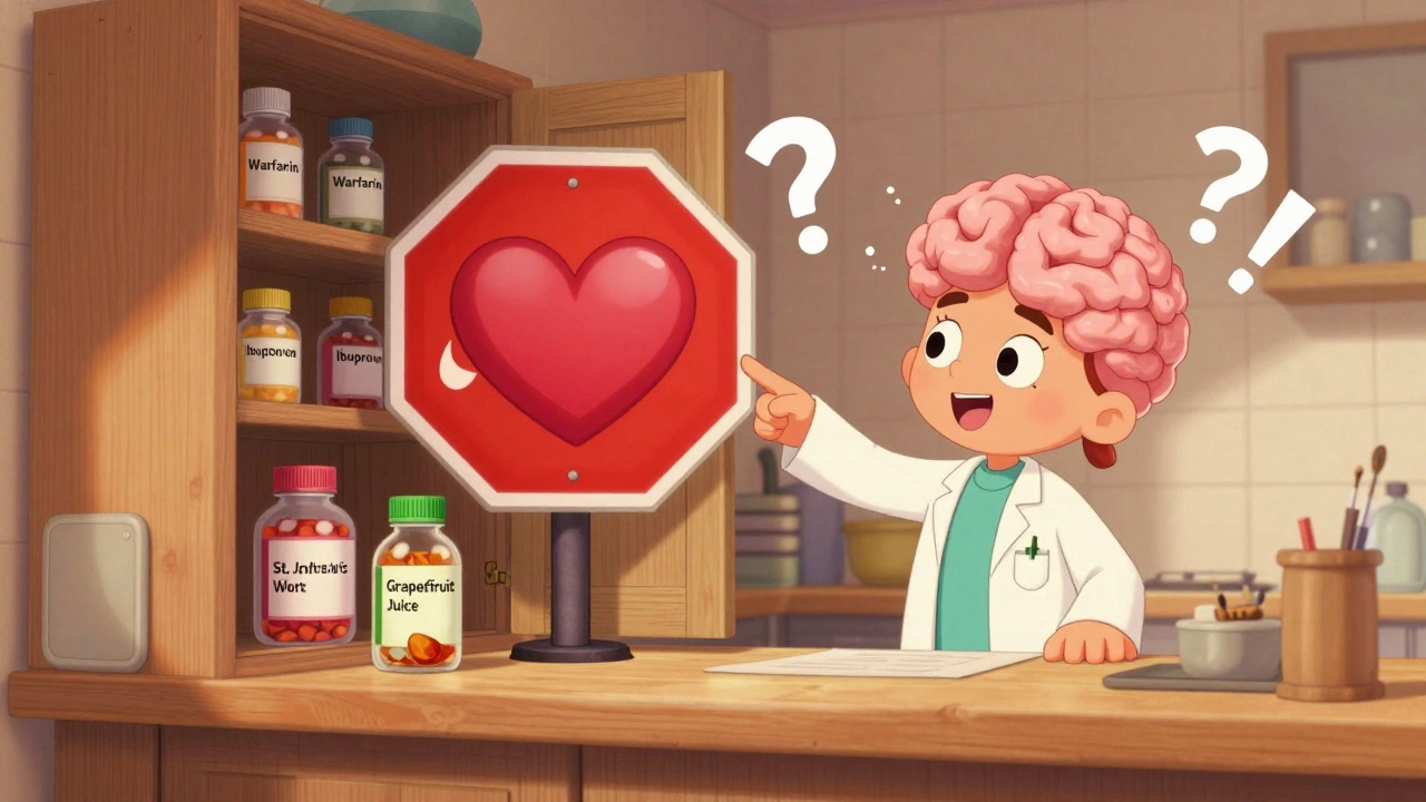 Kitchen counter with medicine bottles and a pharmacist pointing at a giant interaction warning sign.