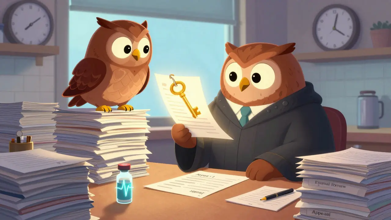 Patient at kitchen table with paperwork and an owl judge nodding as a doctor’s letter becomes a golden key.