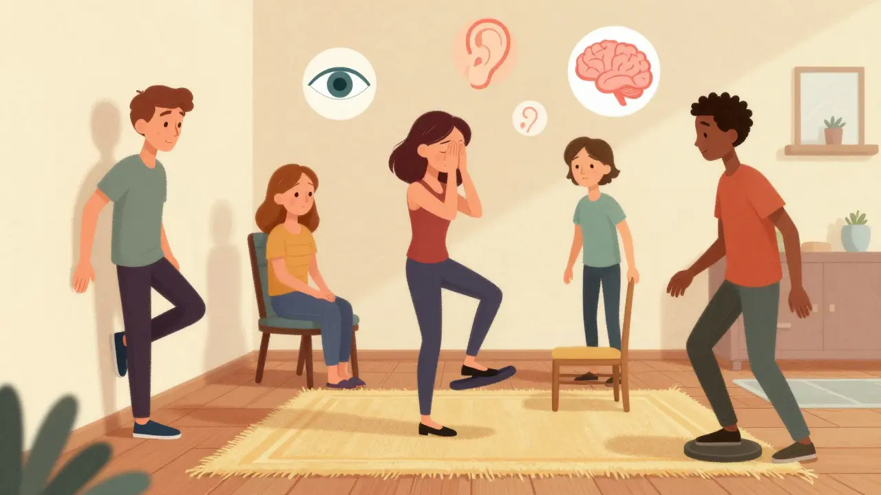 People of various ages practicing balance exercises at home—standing on one foot, closing eyes, stepping on different floors.