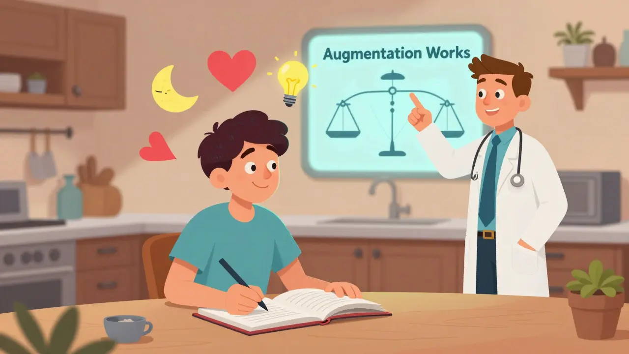 Person journaling improvements with icons for sleep, libido, weight loss, and clearer thinking.