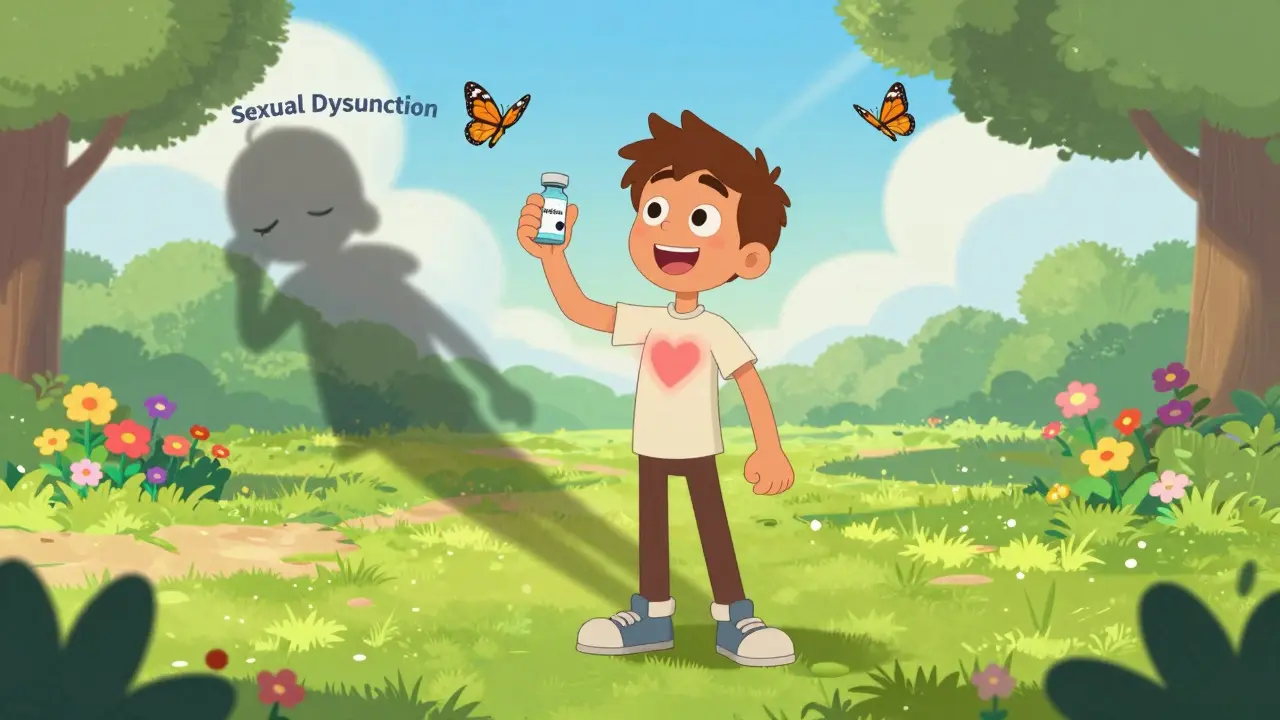 Person standing confidently as sexual dysfunction fades away, replaced by butterflies and flowers.