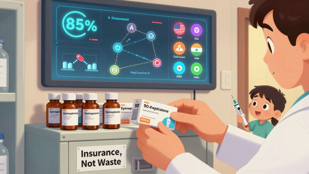 Pharmacist stocking emergency medicine supply, digital screen showing AI predictions and blockchain traceability.