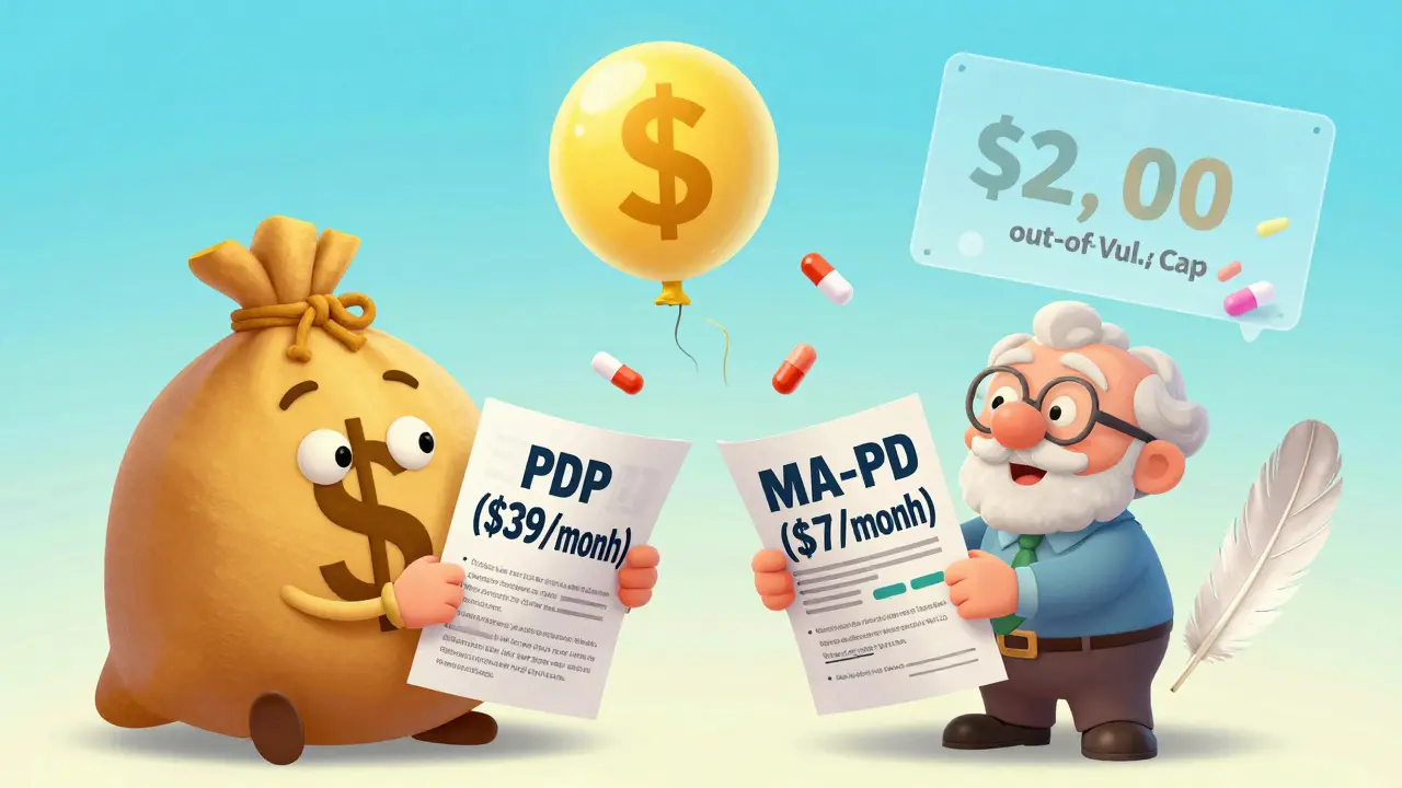Senior comparing two Medicare plans with dollar signs and pill bottles, illustrating cost differences between PDP and MA-PD.