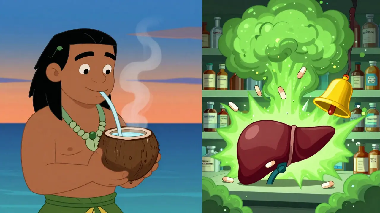 Split scene: peaceful traditional kava drinking vs. chaotic commercial kava extract with toxic clouds.