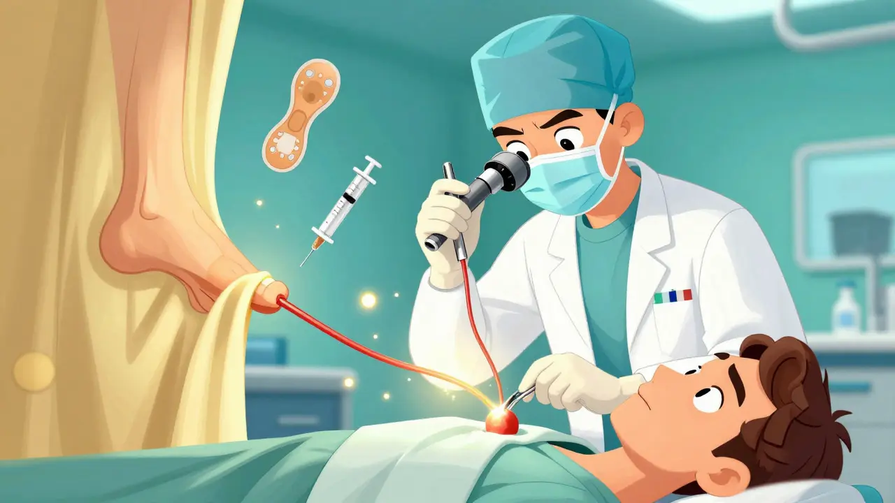 Surgeon using a tiny camera to release a compressed nerve during carpal tunnel surgery.