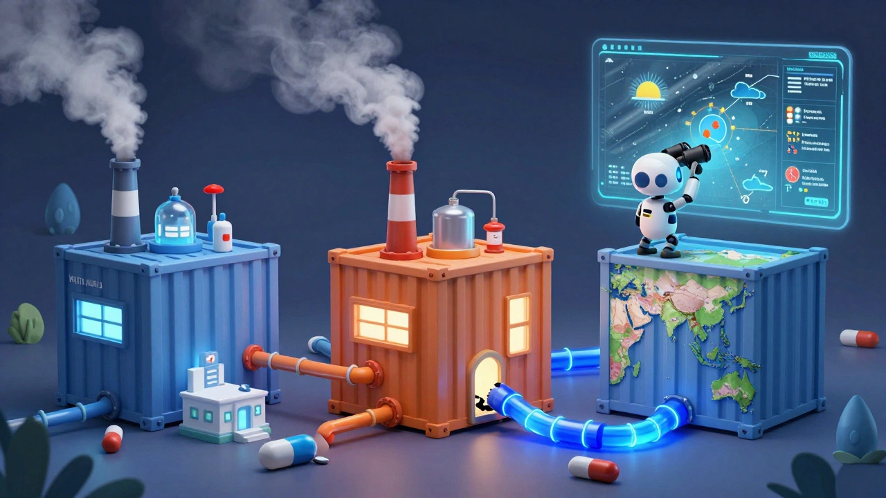 Three modular drug factories in different regions connected by glowing supply routes, AI robot monitoring global risks.