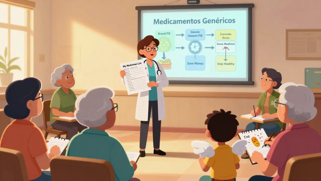 A community health worker leads a workshop on generic medications in a church basement.