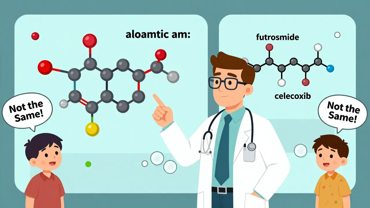 A doctor explaining chemical differences between sulfa antibiotics and other sulfur-containing drugs with visual diagrams.