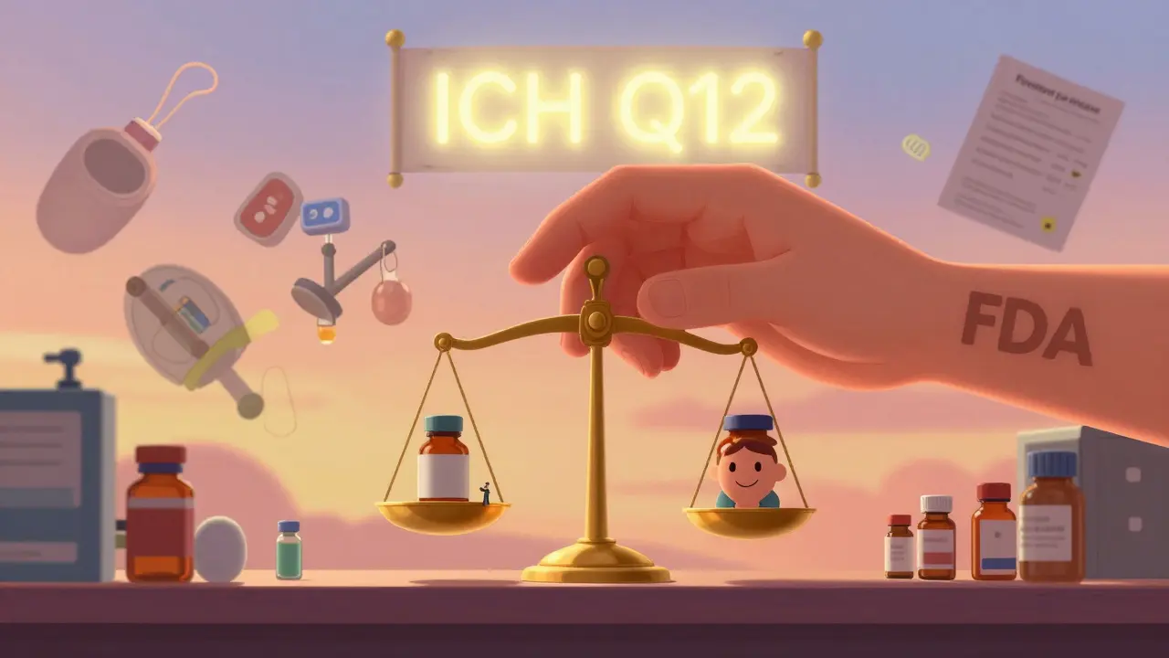 A giant FDA hand balances medicine bottles against a patient’s face on a scale, with warning letters fading behind.