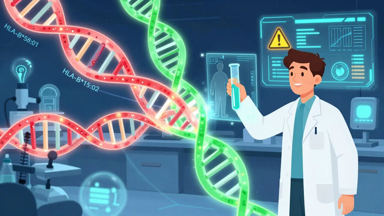 A glowing DNA strand shows dangerous gene markers next to a patient under medical review.