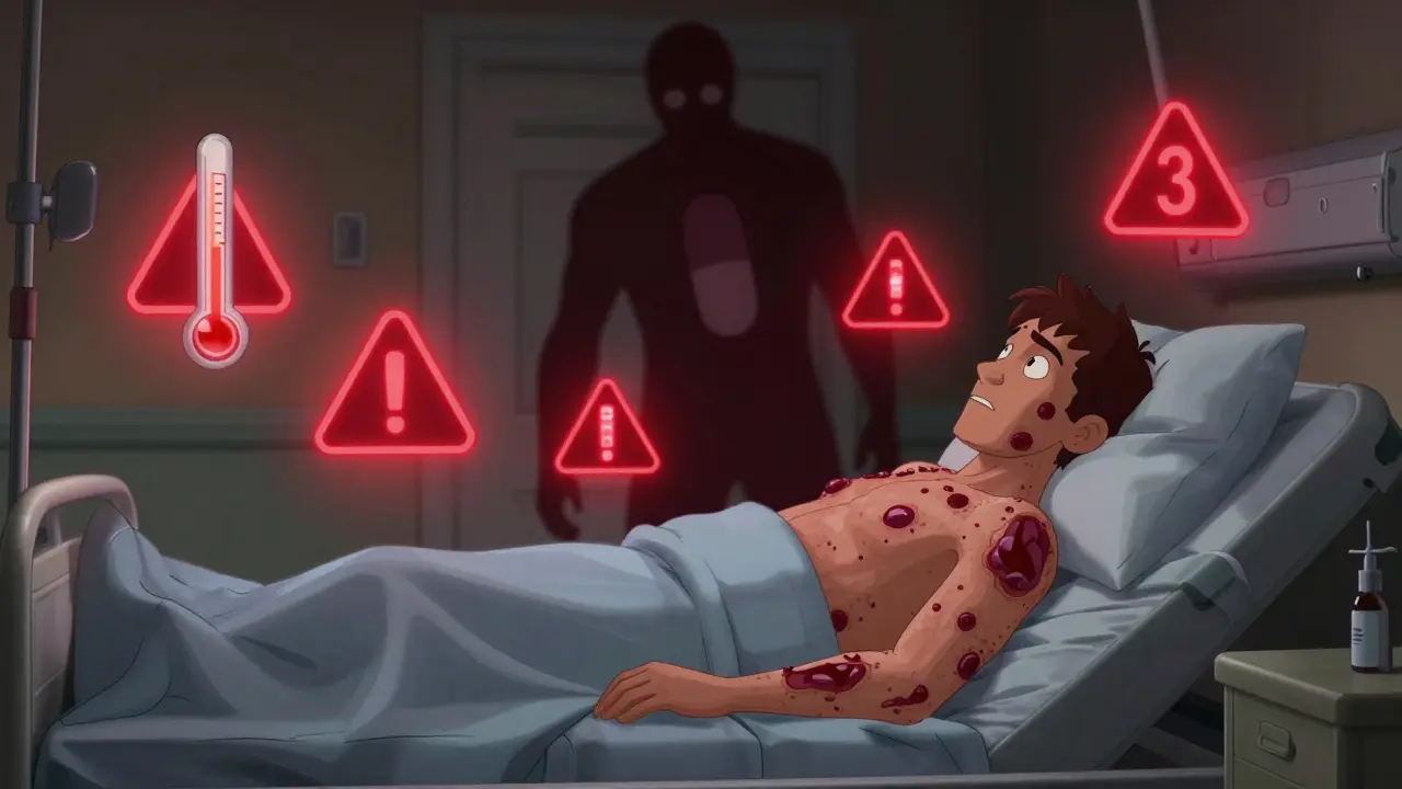 A hospitalized patient with severe skin lesions, surrounded by medical warning symbols.