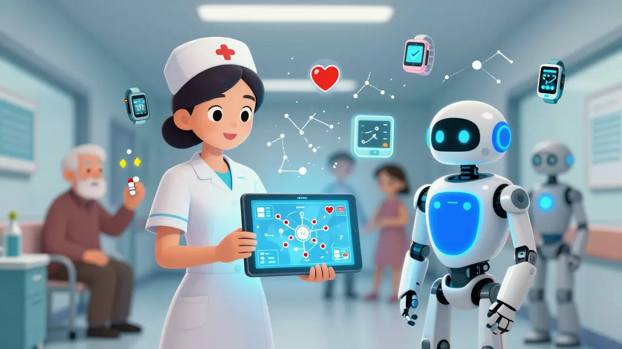 A nurse and AI robot use a tablet to display real-time patient risk maps in a hospital, with health wearables and pharmacy icons around them.