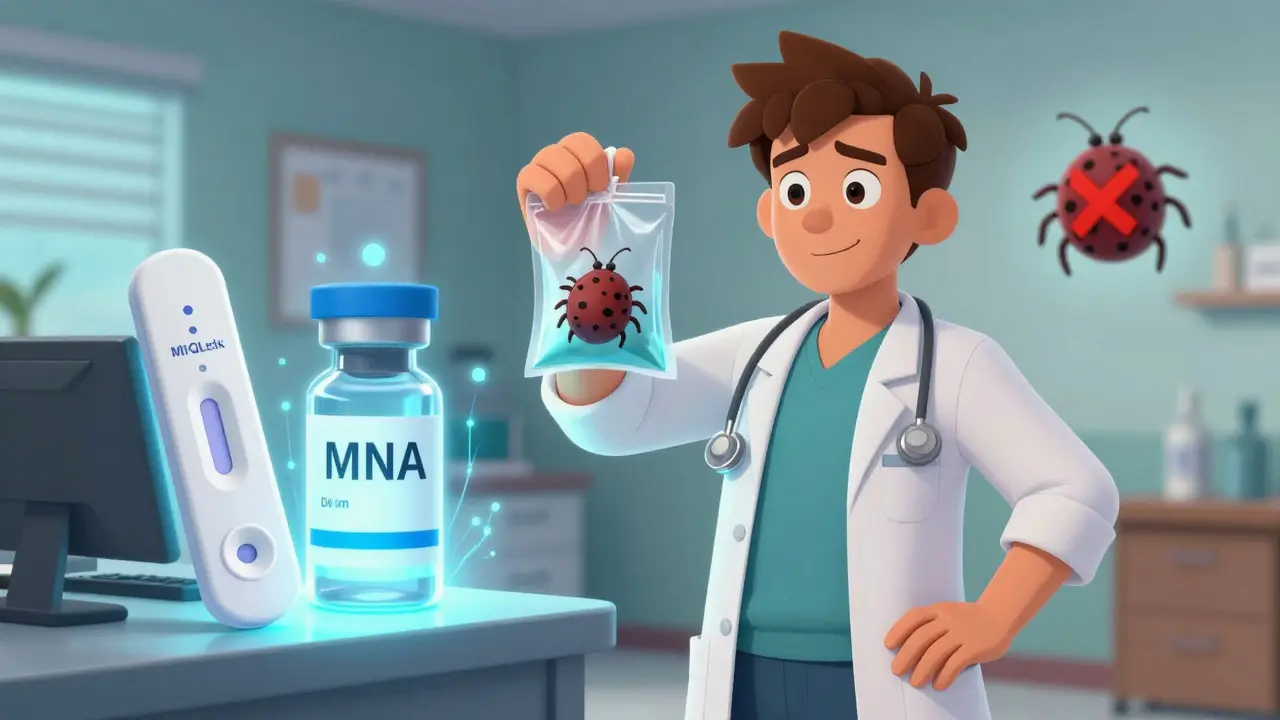 A patient shows a tick to a doctor while a new diagnostic test glows blue.