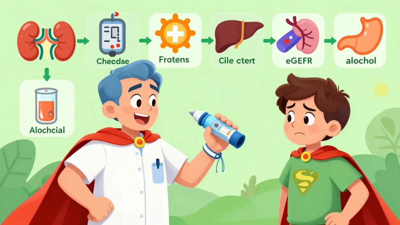 A patient teaching a friend to use glucagon with a superhero-themed injector.