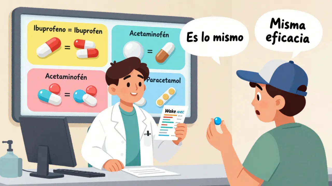 A pharmacist shows colorful pill comparison charts to a patient using a translation card.