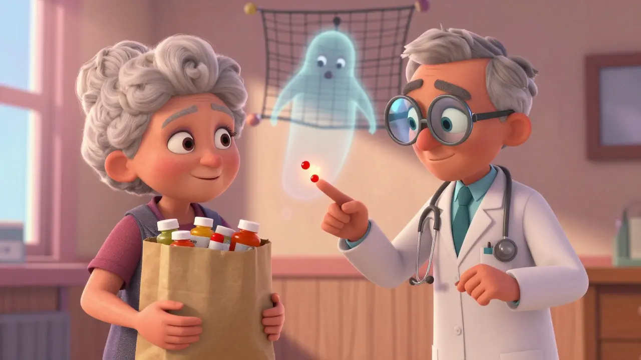 A senior woman with a brown bag of pills being helped by a pharmacist, with ghostly fall imagery fading into safety.