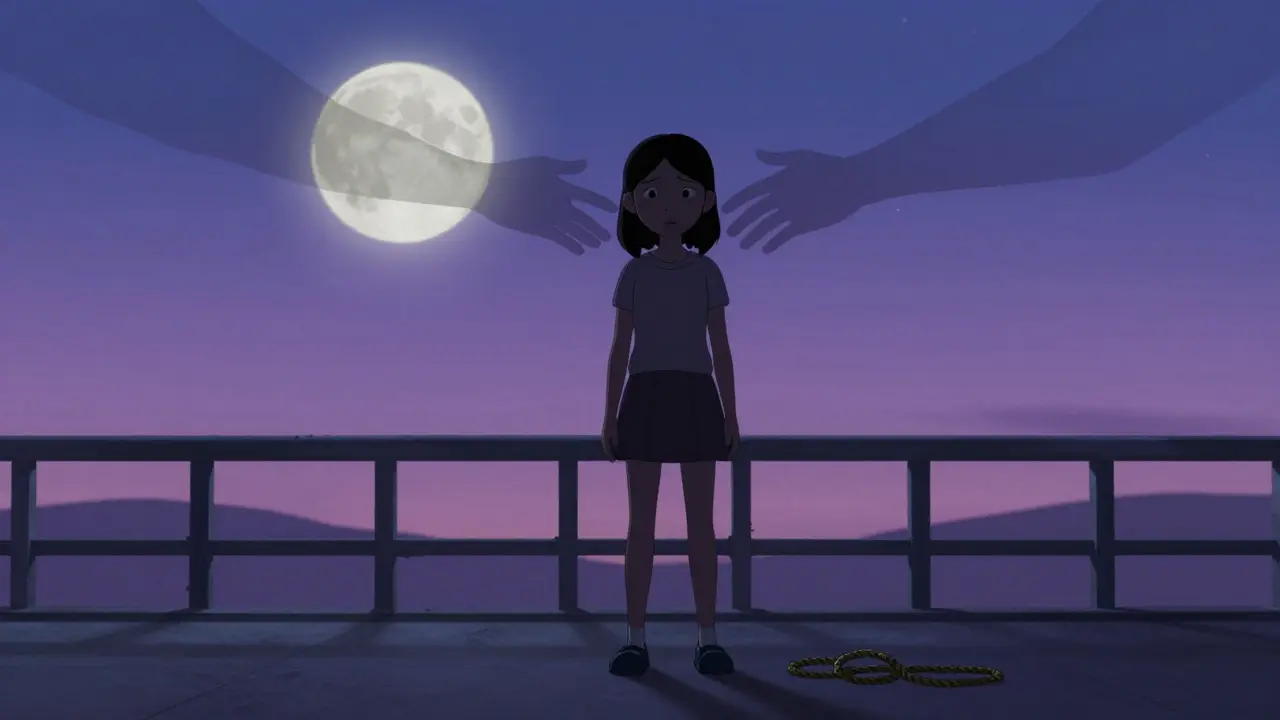 A teenager facing a bridge, shadowy hands whispering intrusive thoughts, looking confused and afraid.