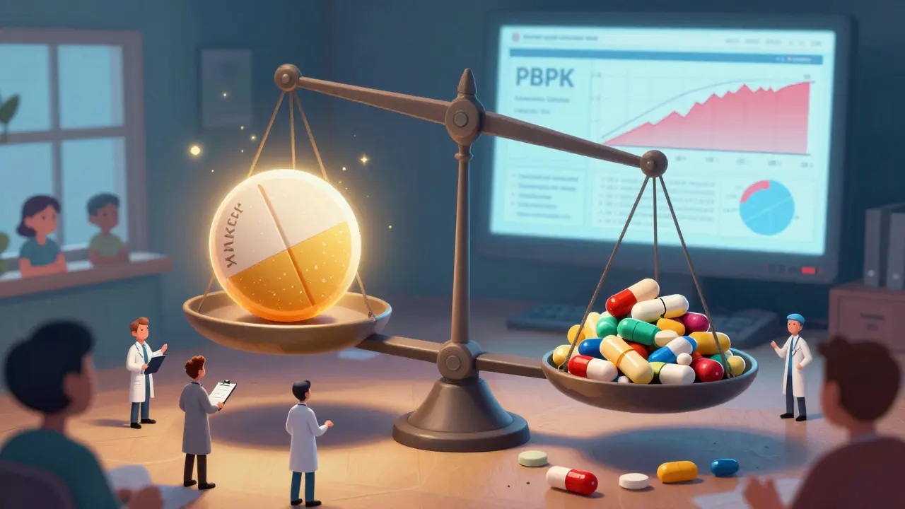 A whimsical scale balancing branded and mismatched generic cancer pills, with doctors and patient silhouettes watching.