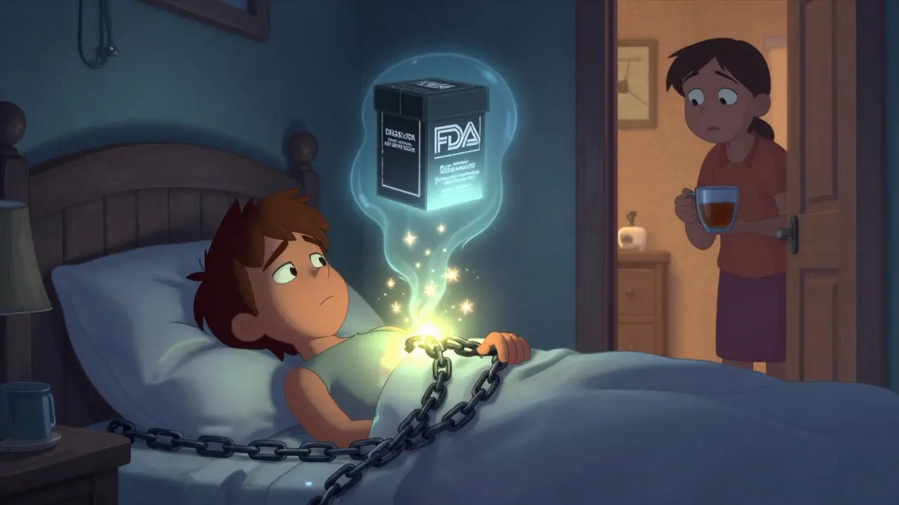 A young adult glows with emerging energy as depression chains unravel, while a parent watches carefully from the doorway.