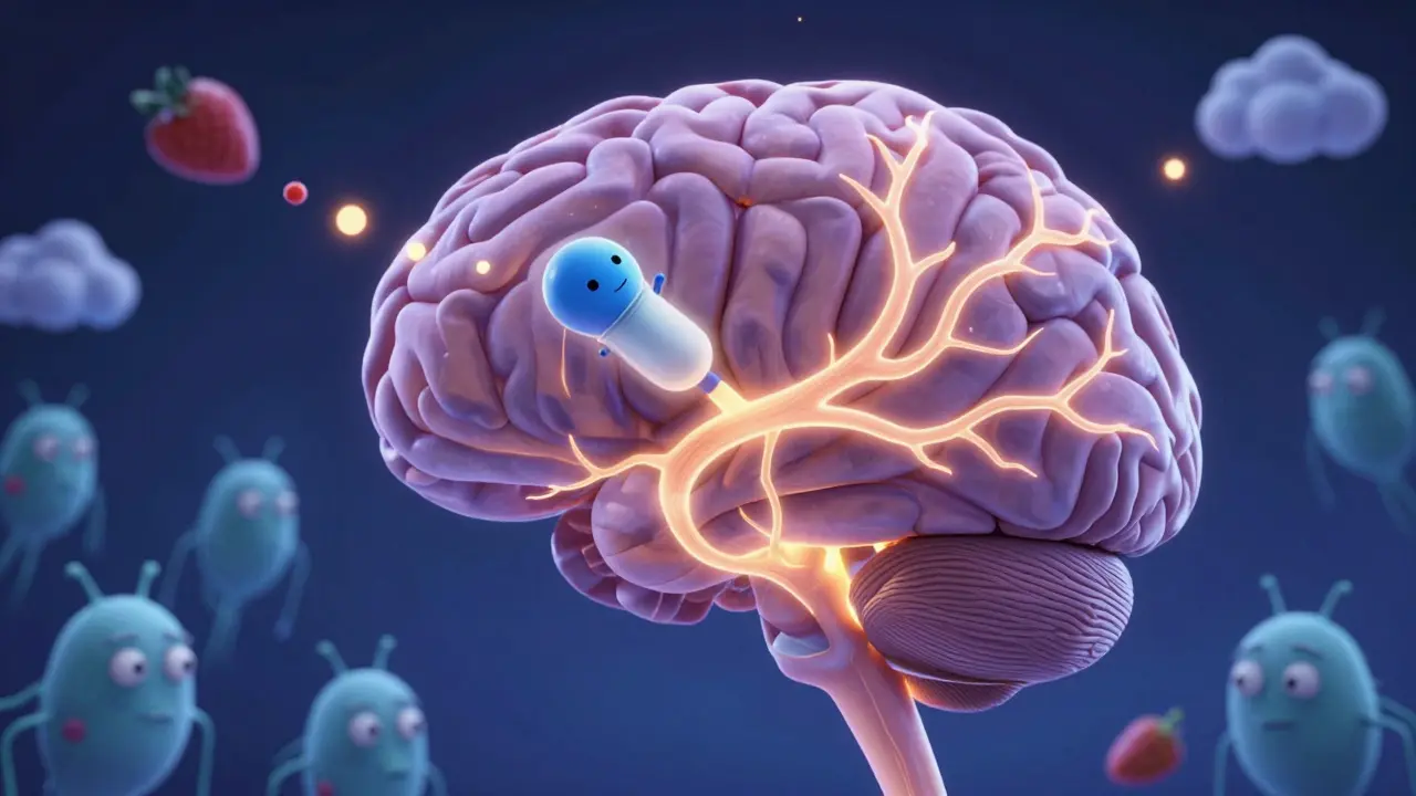 An animated brain with a dragon-like molecule calming hunger signals and activating fullness neurons in DreamWorks style.