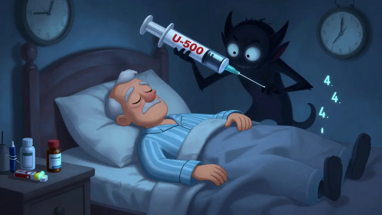 An elderly man sleeping as a shadowy goblin sneaks with a U-500 syringe at night.