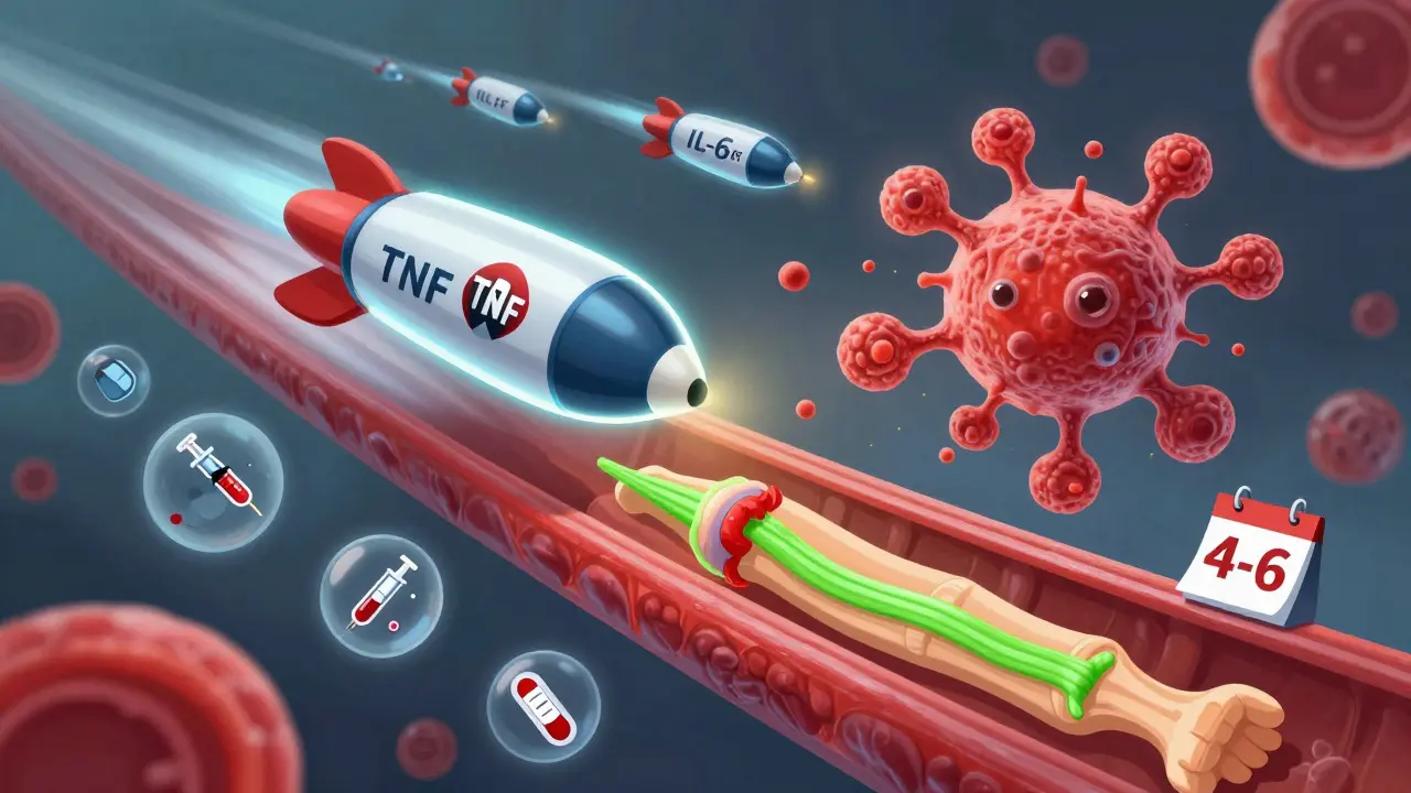 Biologic drugs as missiles targeting rogue immune cells in a blood vessel, with healing joints below.