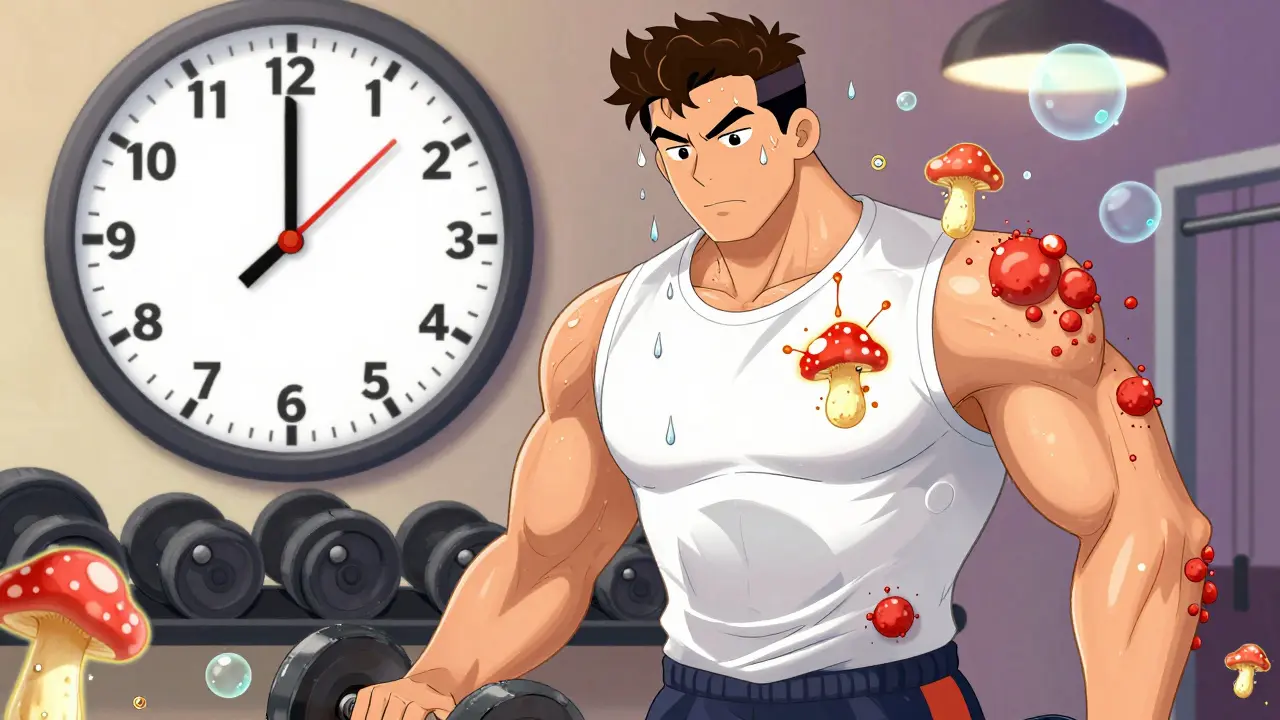 Bodybuilder with fungal spores causing acne, sweat droplets turning into bumps in vibrant gym scene.
