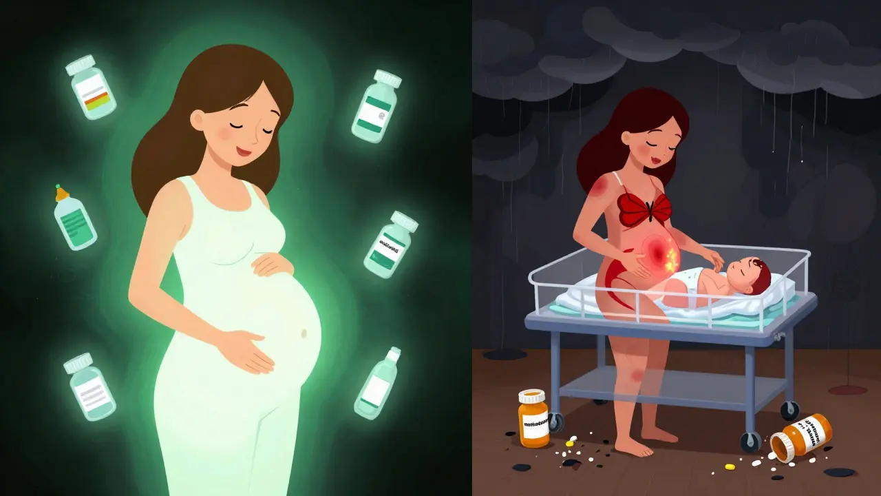 Contrasting images of a healthy pregnancy with safe meds versus a risky one with dangerous drugs.