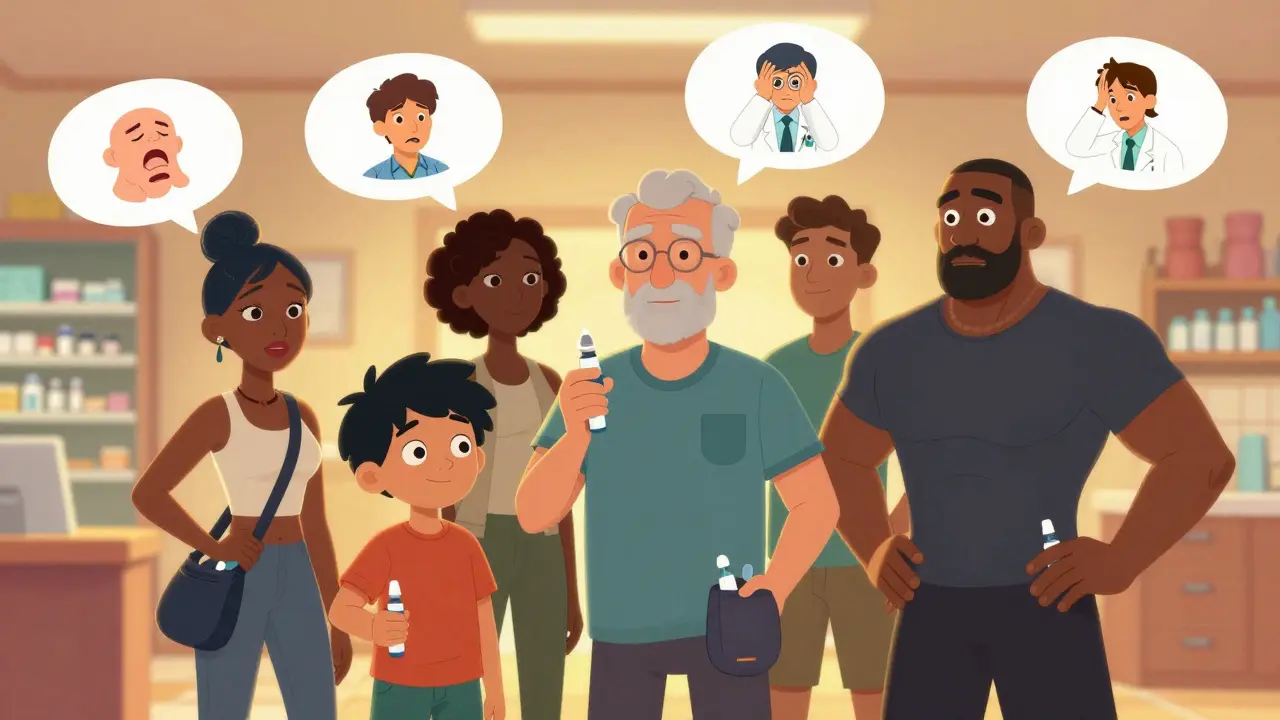 Diverse individuals carrying epinephrine injectors in daily life, with symbolic thought bubbles showing anaphylaxis signs.