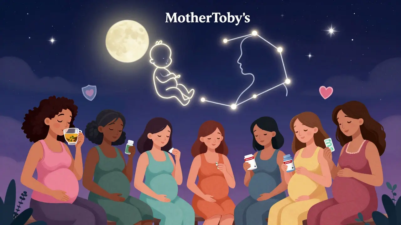 Group of pregnant women under starry sky with safe meds and MotherToBaby hotline glowing above.