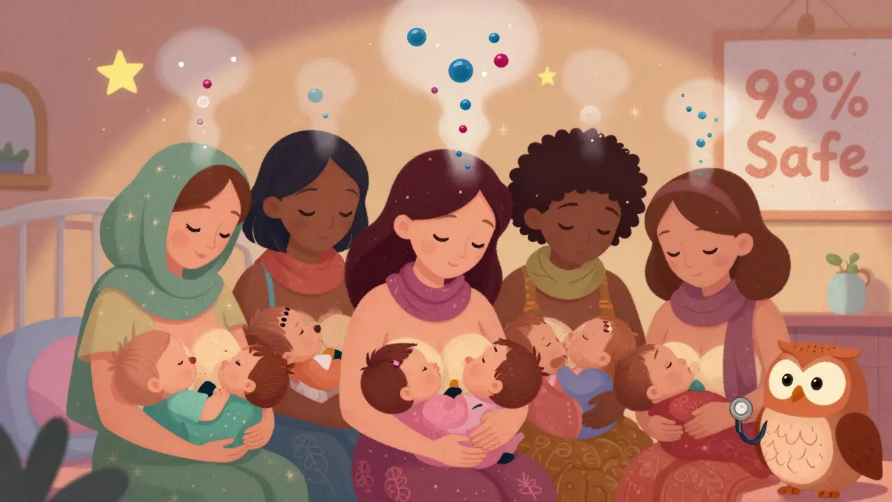 Mothers breastfeeding as drug molecules gently fade into mist, symbolizing safe medication use.